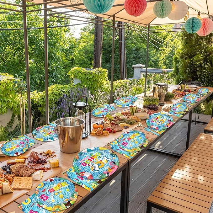 OBUSATT 96 Pcs Goodbye School Hello Pool Party Supplies Summer Beach Paper Plates Napkins Summer Vacation Dinnerware Party Decorations Favor for End of School Year Serves 24