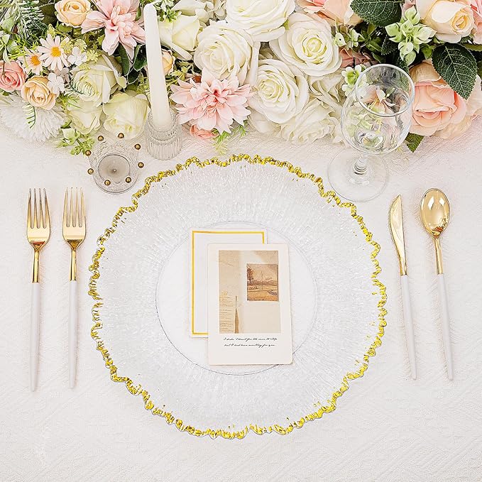 6pcs Clear and Gold Charger Plates Set 13inch,Gold Chargers Heavy Duty Wave Design,Chargers for Dinner Plates With Textured Suitable for Wedding Afternoon Tea,Spring,Valentine's Day