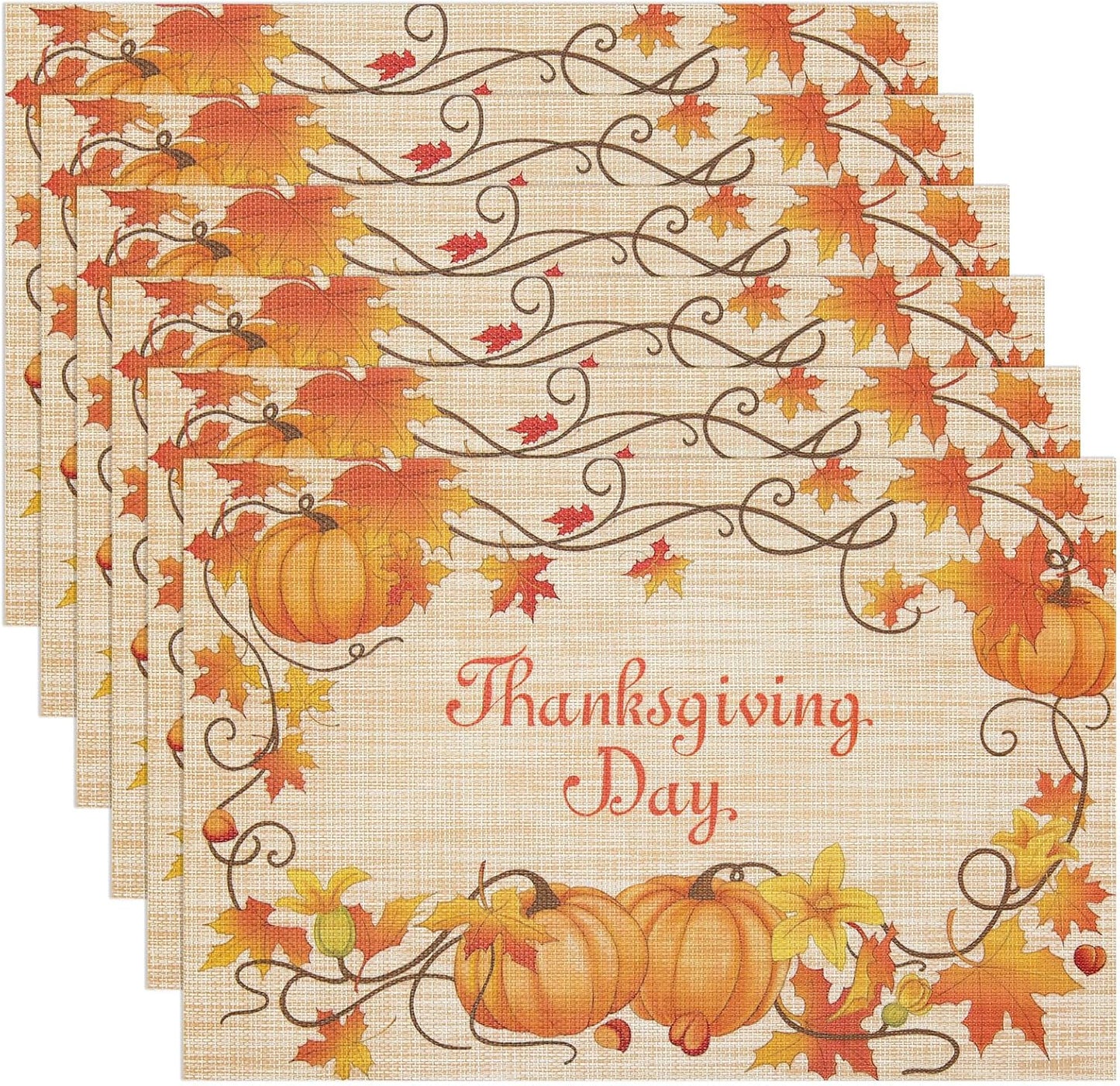 Thanksgiving Placemats Set of 6 Fall Place Mats Pumpkin Maple Leaves Table Mats Washable Non-Slip Heatproof Woven Placemats for Dining Table (17.7" X 11.8")