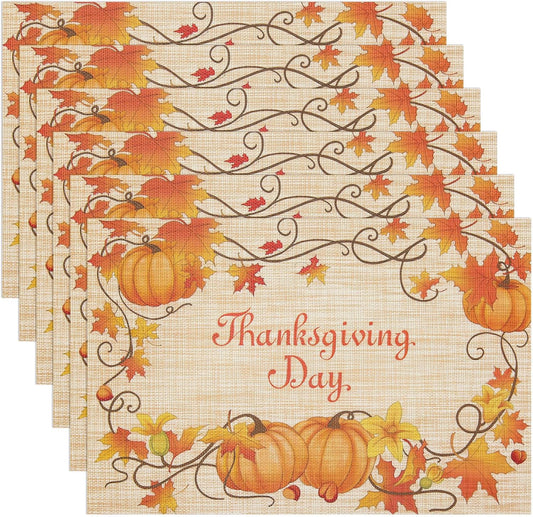 Thanksgiving Placemats Set of 6 Fall Place Mats Pumpkin Maple Leaves Table Mats Washable Non-Slip Heatproof Woven Placemats for Dining Table (17.7" X 11.8")