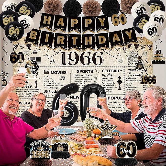 DARUNAXY 60th Birthday Party Decorations for Men Women, Vintage Back in 1966 Banner, Black 60 Number Balloons & Cake Topper, Vintage 1966 60 Birthday Honeycomb Hanging Swirl Confetti Balloons(30PC)