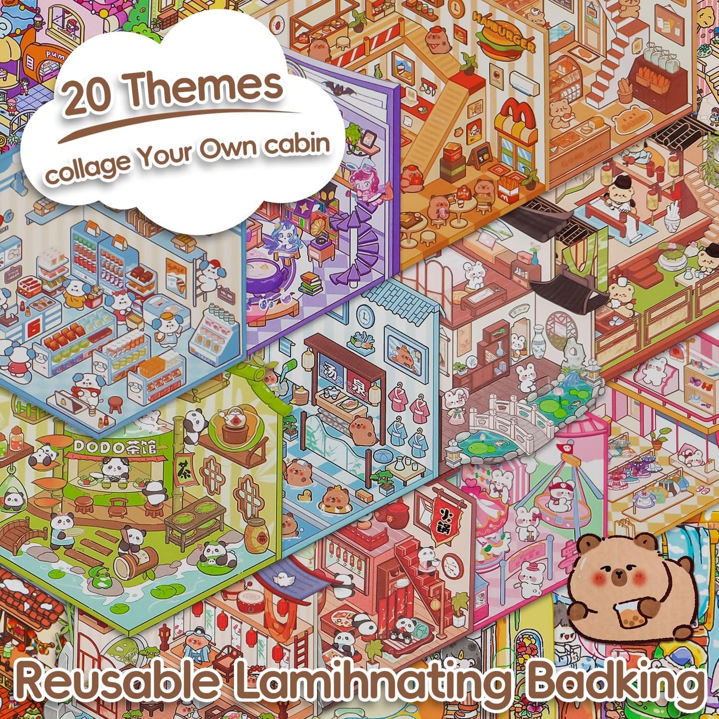 20 Sets DIY 3D Sticker Scene, Sticker Therapy Scenes Collection Book for Adults Kids Stress Relief Pass The Time, Relief Stress Pass The Time Play Park Hamburg Castle Library
