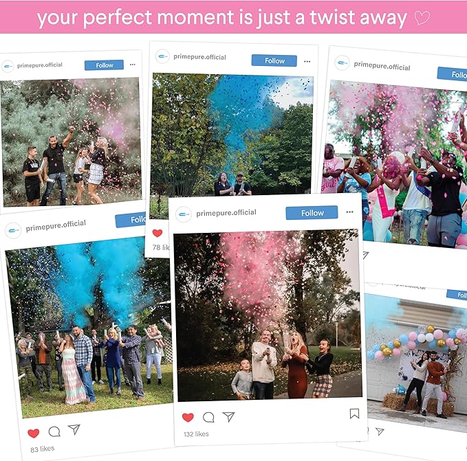 PrimePure Gender Reveal Confetti Cannon - Biodegradable Powder & Heart Shaped Confetti Poppers - 2 Pink & 2 Blue, 4 Pack - Baby Boy or Baby Girl Gender Reveal Smoke Bomb - Powder Cannon Party Poppers