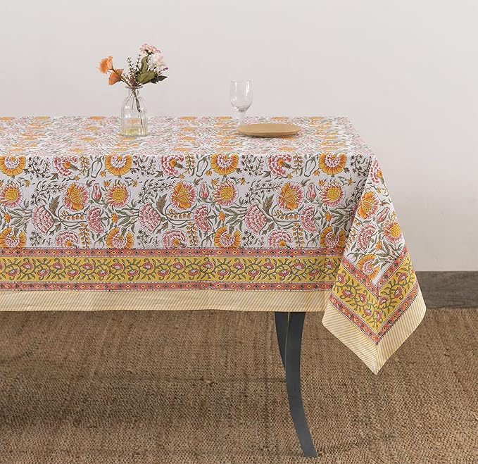 Labhanshi Indian Block Print Floral Table Cloth|Cotton 6-Seater 60x90 Inch Rectangle Washable Dinner Picnic Table Cloth|Cocktail Parties Wedding Spring Easter Table Decor|White Marigold