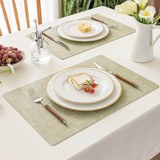 Romanstile Vinyl Placemats Set of 6-12 X 18 Inch - Heat Resistant Place Mats 100% Waterproof Oilproof Wipeable Reversible Faux Leather Table Mats for Kitchen/Dining/Party/Outdoor, Grass Green