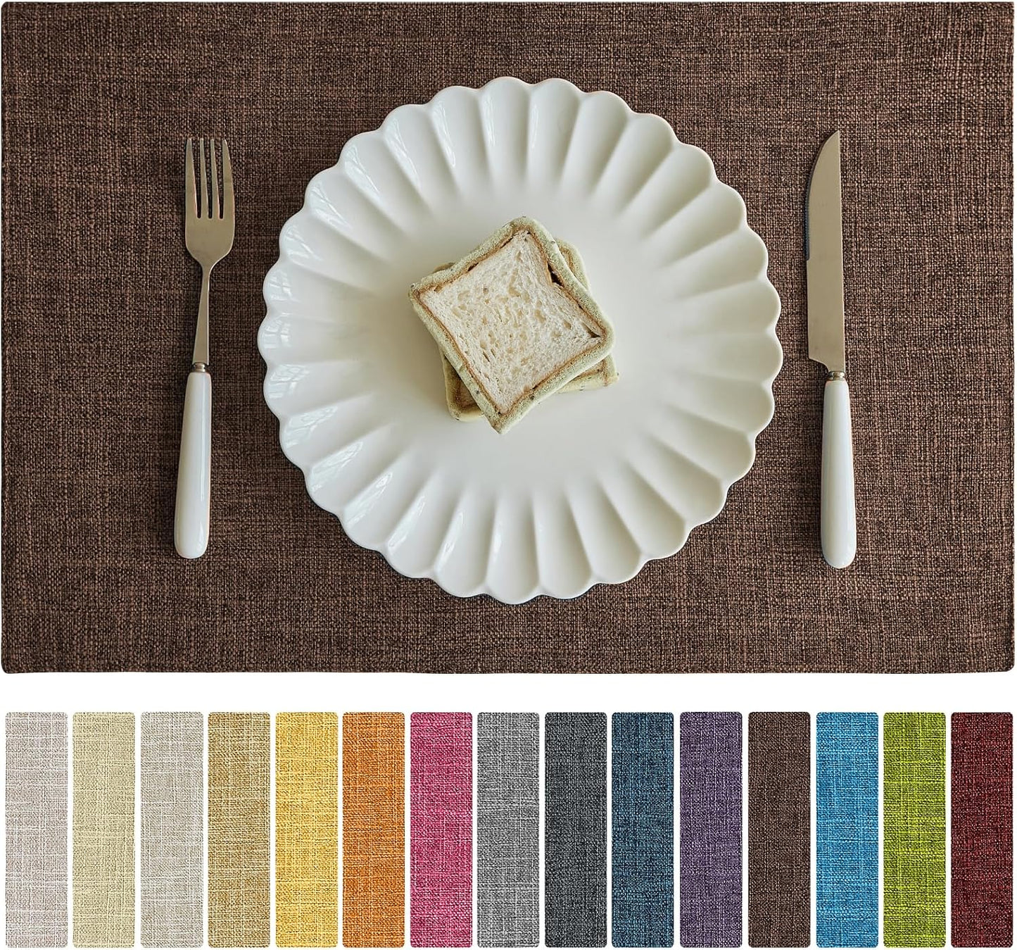Softalker Faux Linen Placemats Set of 8-12 x 18 Inch, Heat Resistant Double Layered Durable Burlap Farmhouse Place Mats, Non-Slip Washable Rustic Table Mats for Dining, Kitchen, Party（Dark Brown