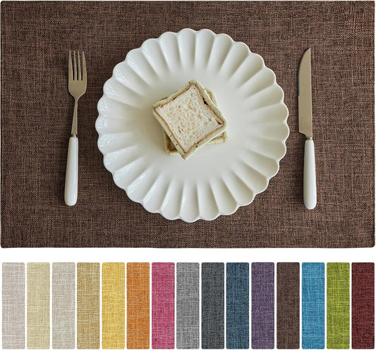 Softalker Faux Linen Placemats Set of 8-12 x 18 Inch, Heat Resistant Double Layered Durable Burlap Farmhouse Place Mats, Non-Slip Washable Rustic Table Mats for Dining, Kitchen, Party（Dark Brown