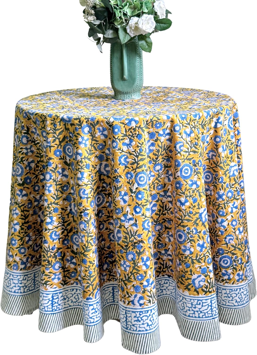ATOSII Marigold Blue100% Cotton Round Tablecloth, Block Print Floral Table Cloth for Dining, Parties, Weddings, Outdoors, Holidays I 60 Inches I Grandmillennial Farmhouse Spring Summer Boho