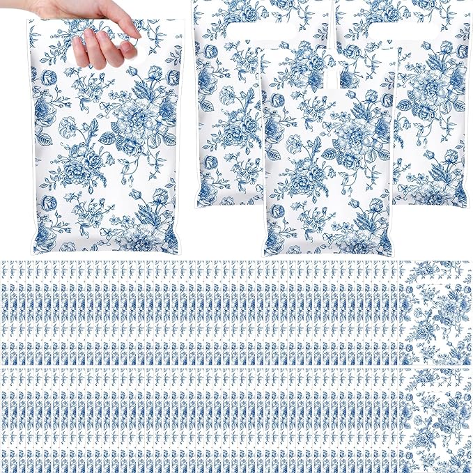 Supervitae 100 Pcs Plastic Blue Floral Gift Bags Flower Party Favor Bags Bulk with Handles for Birthdays Weddings Bridal Baby Showers Snacks Goodie Candy Treat Tea Party Supplies