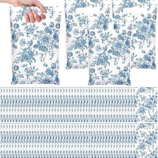 Supervitae 100 Pcs Plastic Blue Floral Gift Bags Flower Party Favor Bags Bulk with Handles for Birthdays Weddings Bridal Baby Showers Snacks Goodie Candy Treat Tea Party Supplies