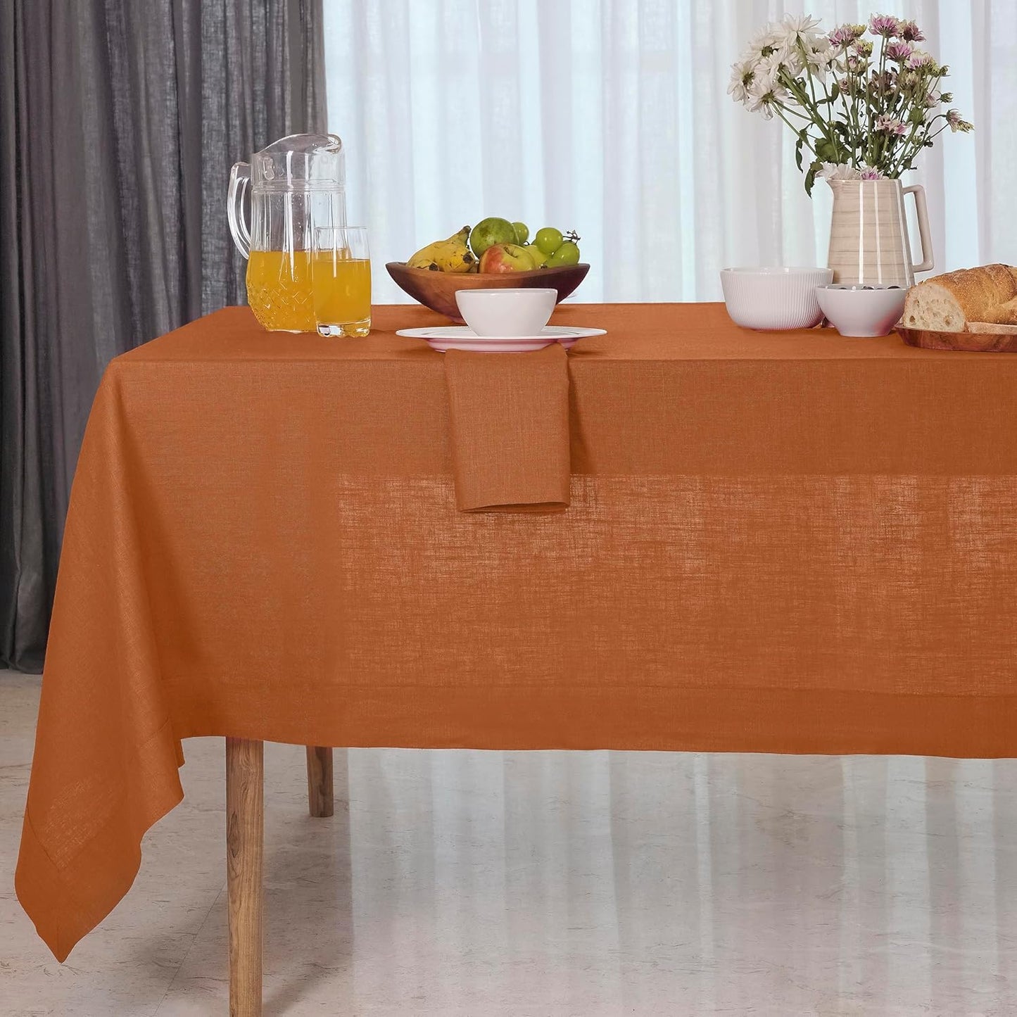 D'Moksha Homes Linen Rust Tablecloth 60 x 132 Inch - 100% Pure Linen Rectangular Tablecloth - Machine Washable Table Cloth for Fall and Halloween