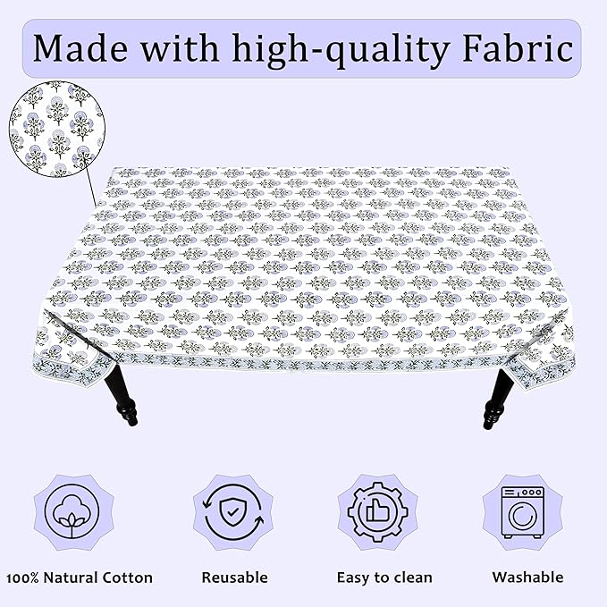 Ridhi Hand Block Print Mughal Buta Blue Rectangle Cotton Tablecloth 108" x 70" Reusable Table Cover Decorative Everyday Use for Dining, Farmhouse, Home Gift for Spring, Easter, Valentine
