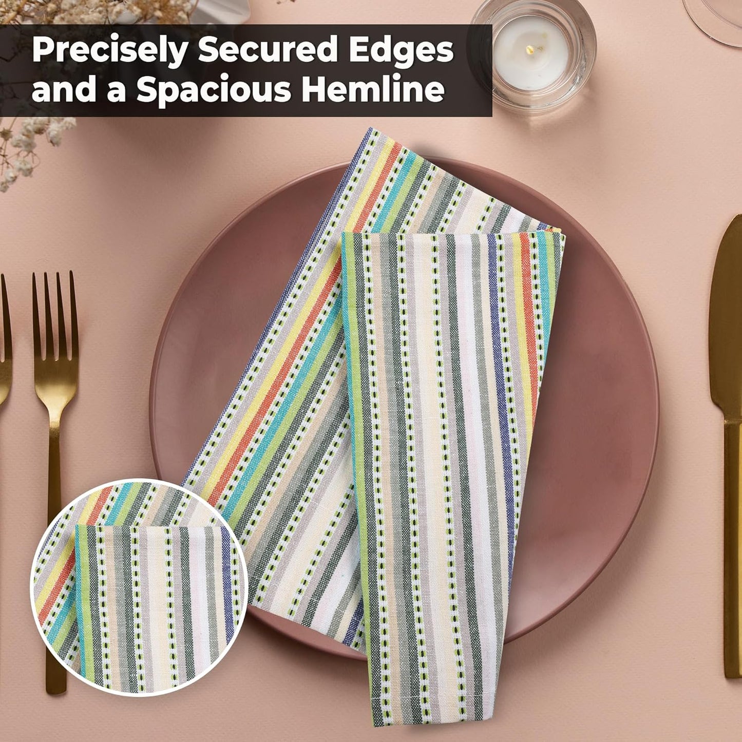 Urban Villa Cloth Napkins Beige Multi Stripes 100% Cotton Absorbent Dinner Napkins (Set of 12) 20x20 Inches Soft Durable Washable Reusable Ideal for Everyday Use Wedding Parties Cloth Dinner Napkins