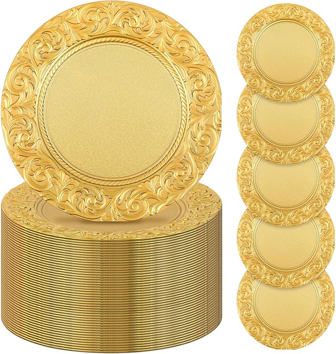 Uiifan 100 Pcs Antique Charger Plates Bulk 13'' Plastic Plate Chargers Decorative Embossed Rim Round Plates for Wedding Party Event Dinner Kitchen Table Setting Decoration (Gold)