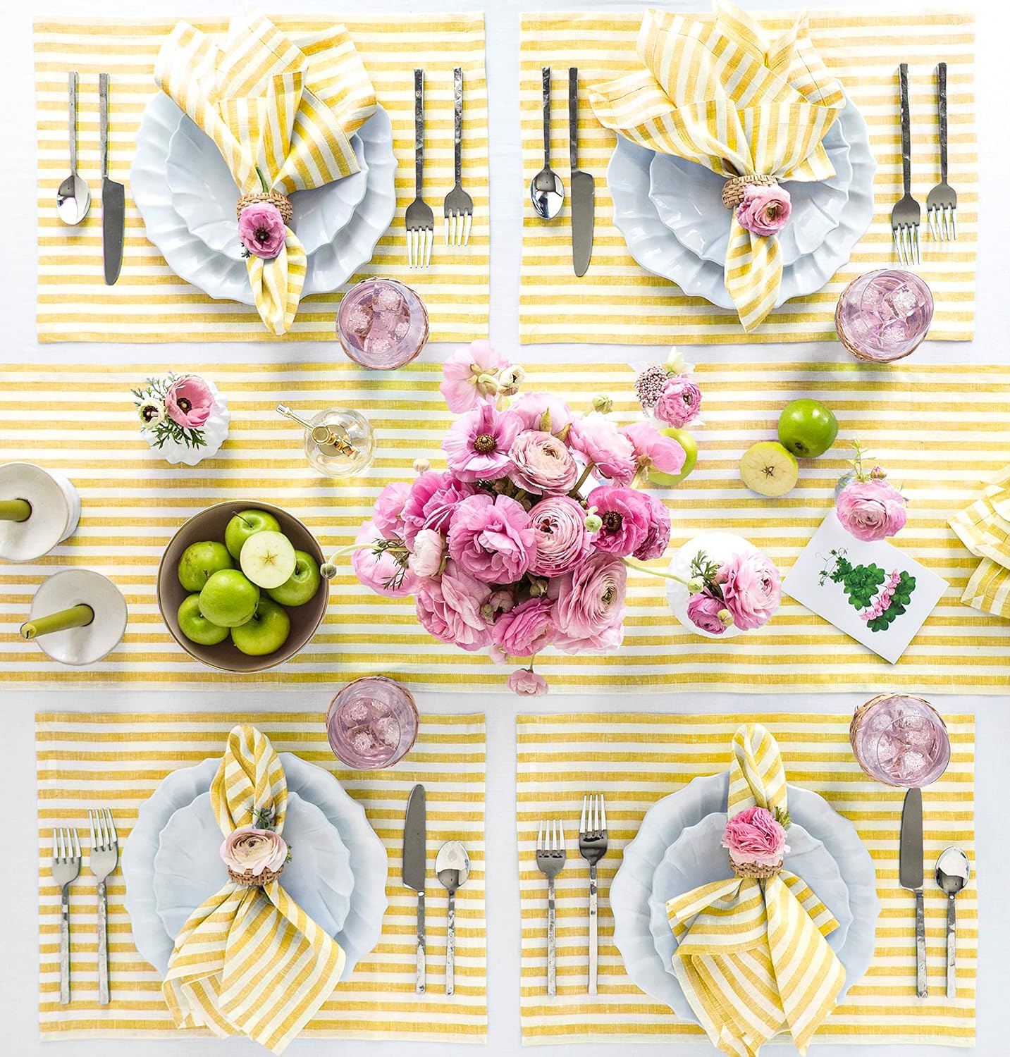 Solino Home Linen Table Runner 108 Inches Long - Amalfi Stripe, 100% Pure Linen Primrose Yellow and White Table Runner 14 x 108 Inch for Dining