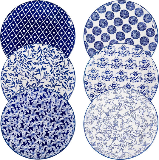 Sweejar 10.5 Inch Ceramic Dinner Plates Set, Large Porcelain Dessert Plates, Microwave & Dishwasher Safe Party Plates for Salad, Pasta, Meat Steak, Set of 6(Vintage Blue)