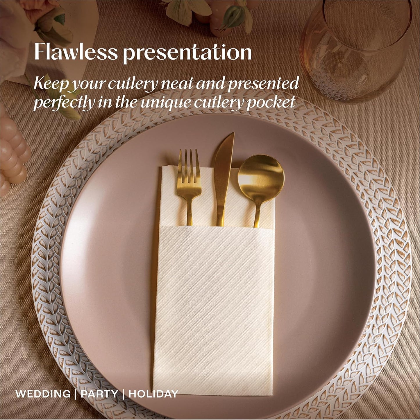 Disposable Linen-Feel Dinner Napkins With Built-in Flatware Pocket, 50-Pack WHITE Prefolded Cloth Like Paper Napkins For Wedding, Dinner Or Party