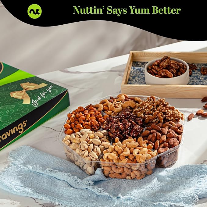 NUT CRAVINGS - Halloween Treats For Adults Mixed Nuts Gift Basket in Green Gold Box (7 Assortments, 1 LB) Holiday Xmas Christmas Food Arrangement, Healthy Snack Care Package, Food Assortments