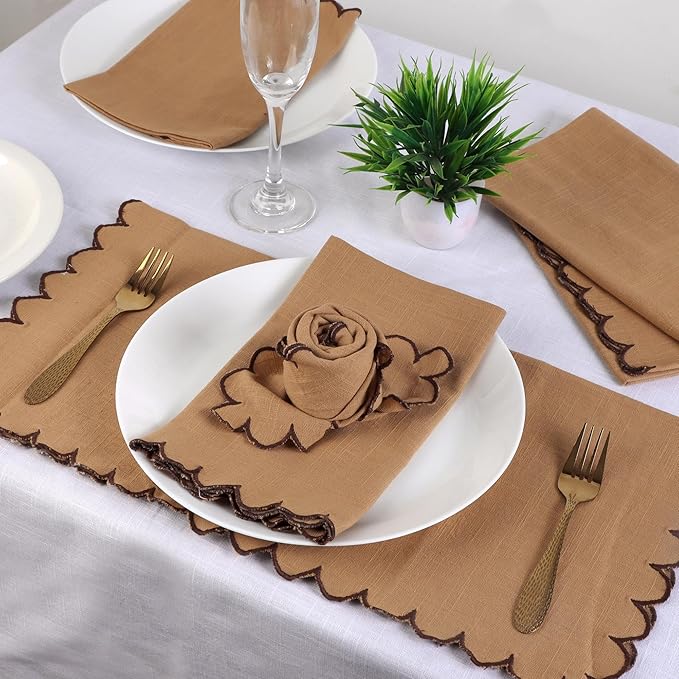 FINGERCRAFT Cloth Napkins, Everyday Use Scallop Design, Premium Quality Natural Cotton Napkin Set of 6 Perfect for Parties Dinners Weddings Easter Napkin Cloth 20x20 inch Brown/Chocolate