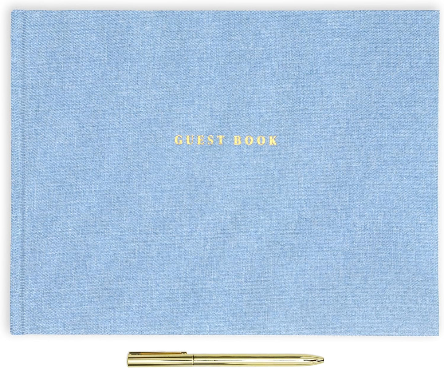 ELYN Linen Guest Book, Sign in Book for Wedding Reception, Birthday, Baby Shower & Events, Matching Gold Gel Pen, Photo Pockets & Table Sign, 80 Pages (Blank & Lined), Large, 11.5 in x 8.5 in (Blue)