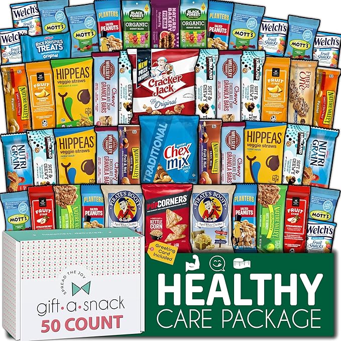 Gift A Snack - Halloween Trick or Treats Healthy Snack Box Care Package + Greeting Card (50 Count) Birthday Treats Gift Basket, Nutritious Granola Breakfast Bars, Office Food Assortments