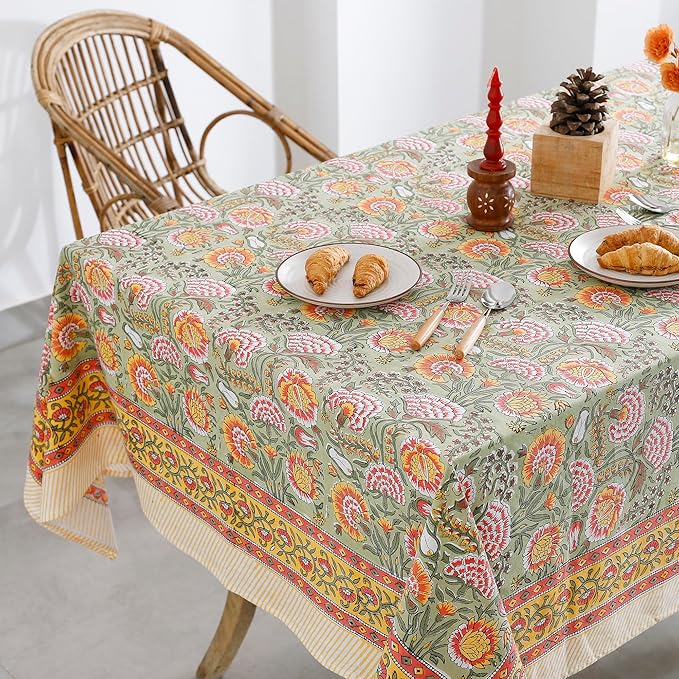 Labhanshi Indian Hand Block Print Rectangle Table Cloth for Kitchen Dining Table|Cotton Floral 8 Seater Picnic Camping Outdoor Table Cover|Spring Easter Decor 72X108 Inch|Burnt Orange