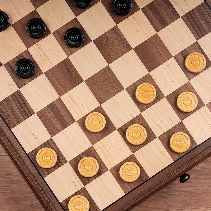 A&A 15 inch Walnut Wooden Chess Set with Storage Drawer, Triple Weighted Pieces, 3.0 inch King Height, Walnut & Maple Inlay, 2 Extra Queen, Classic 2 in 1 Chess and Checkers Board Game