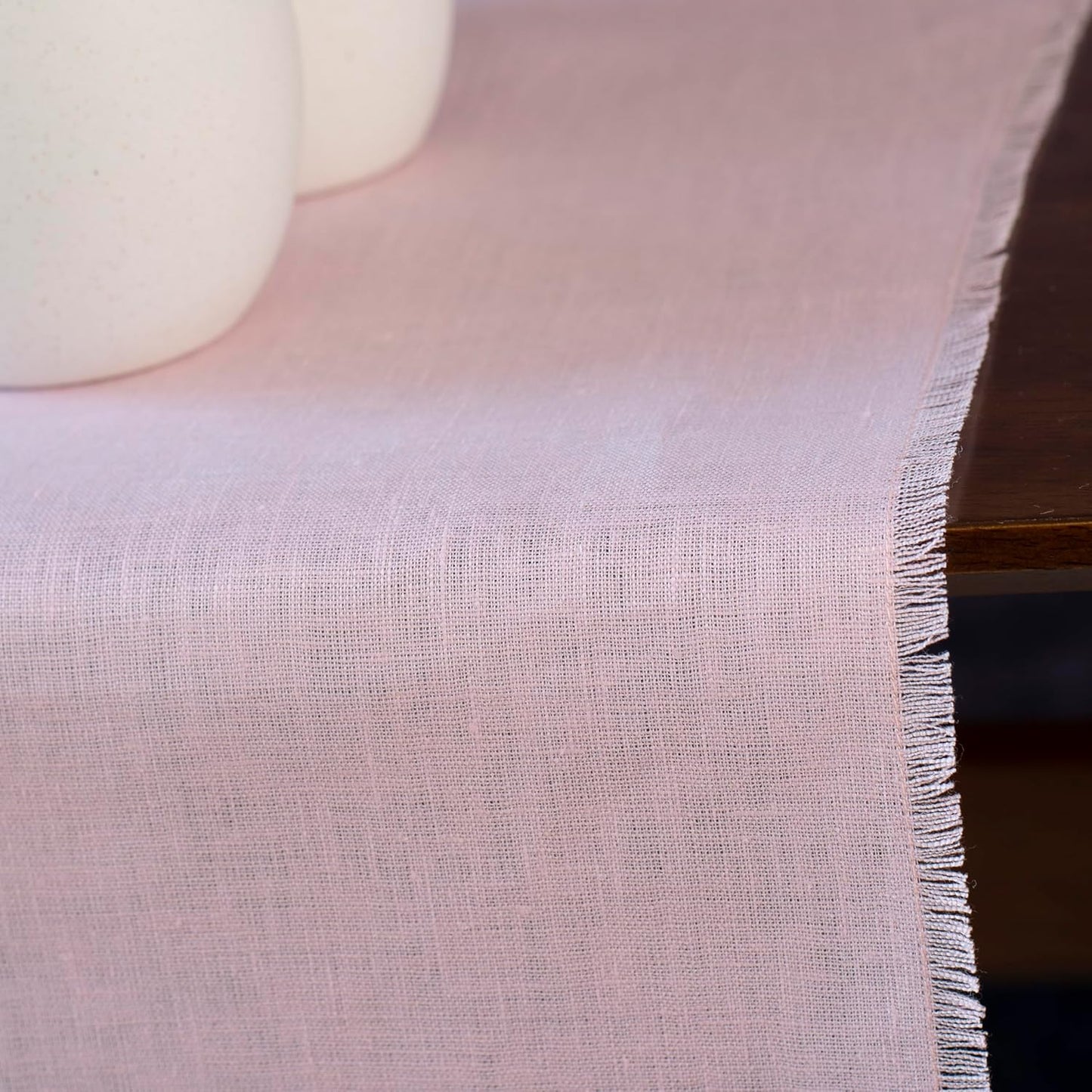 Pink Linen Table Runner with Fringe- 14x120 inches Long, 100% Pure Linen Runner for Table, Table Runner for Valentines Day, Spring and Summer –Thin but Luxury, Handmade