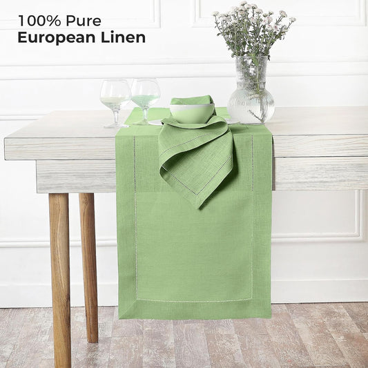 D'Moksha Homes Linen Sage Green Table Runner 144 Inches Long - 100% Pure Linen Extra Long Table Runner 14 x 144 Inch for Fall, Autumn and Halloween - Classic Hemstitch