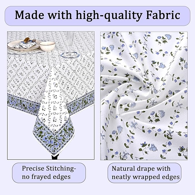Ridhi Hand Block Print Powder Blue Rectangle Cotton Tablecloth 118" x 70" Reusable Table Cover Decorative Everyday Use for Dining, Farmhouse, Home Gift for Spring, Easter, Valentine