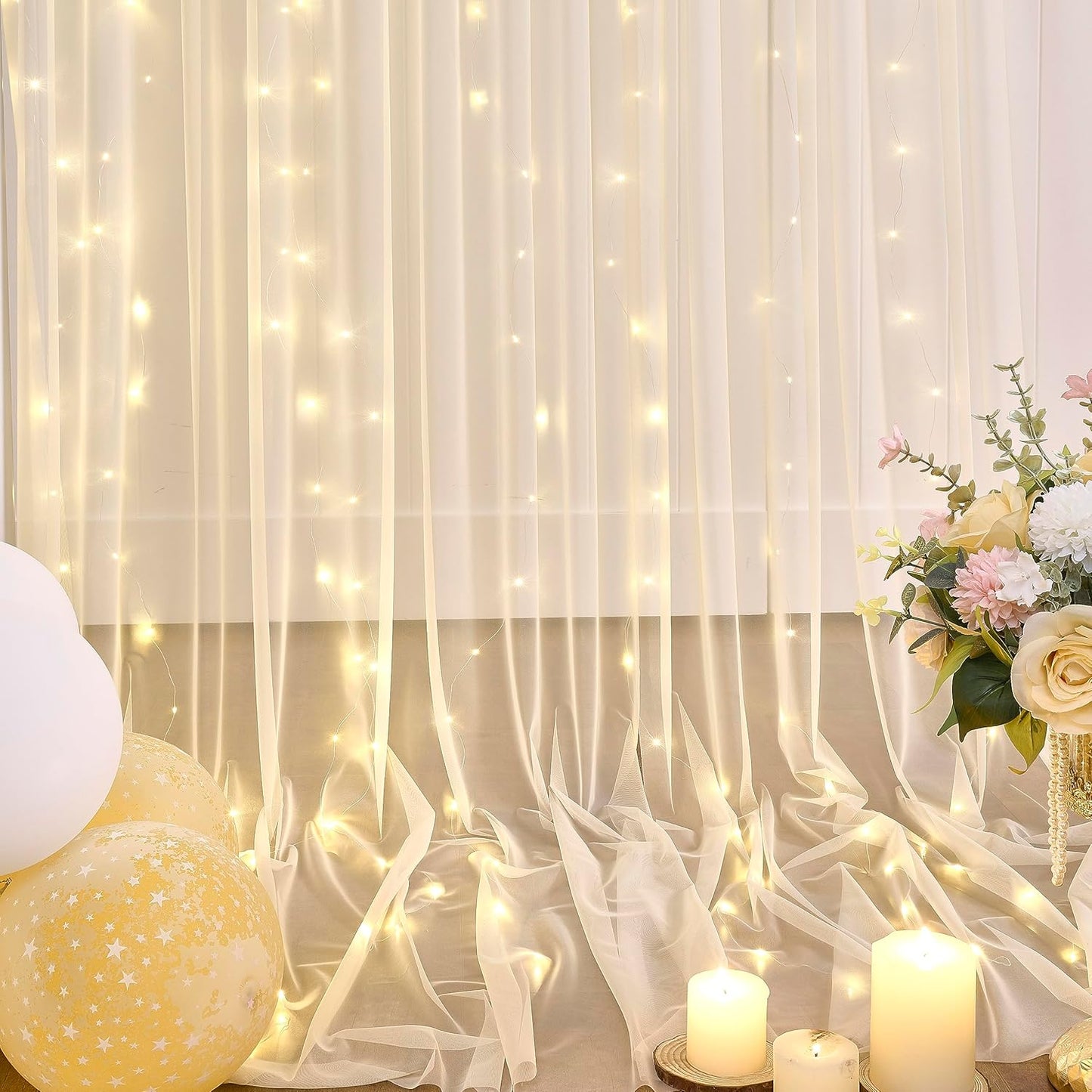Champagne Backdrop Curtain with Lights String for Parites Wedding 20×8ft Sheer Tulle Backdrop Curtains for Bridal Shower Baby Shower Birthday Party Photo Shoot Background Decorations(4 Panels 5ft×8ft)