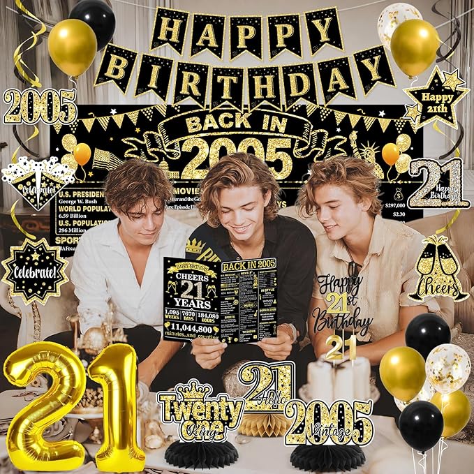 21st Birthday Decorations for Him, Black Gold Back in 2005 Party Supplies Kit with Sash, Banner, Backdrop, Balloons, Cake Topper & Honeycomb Centerpieces, 21 Year Old Birthday Party Decor Set