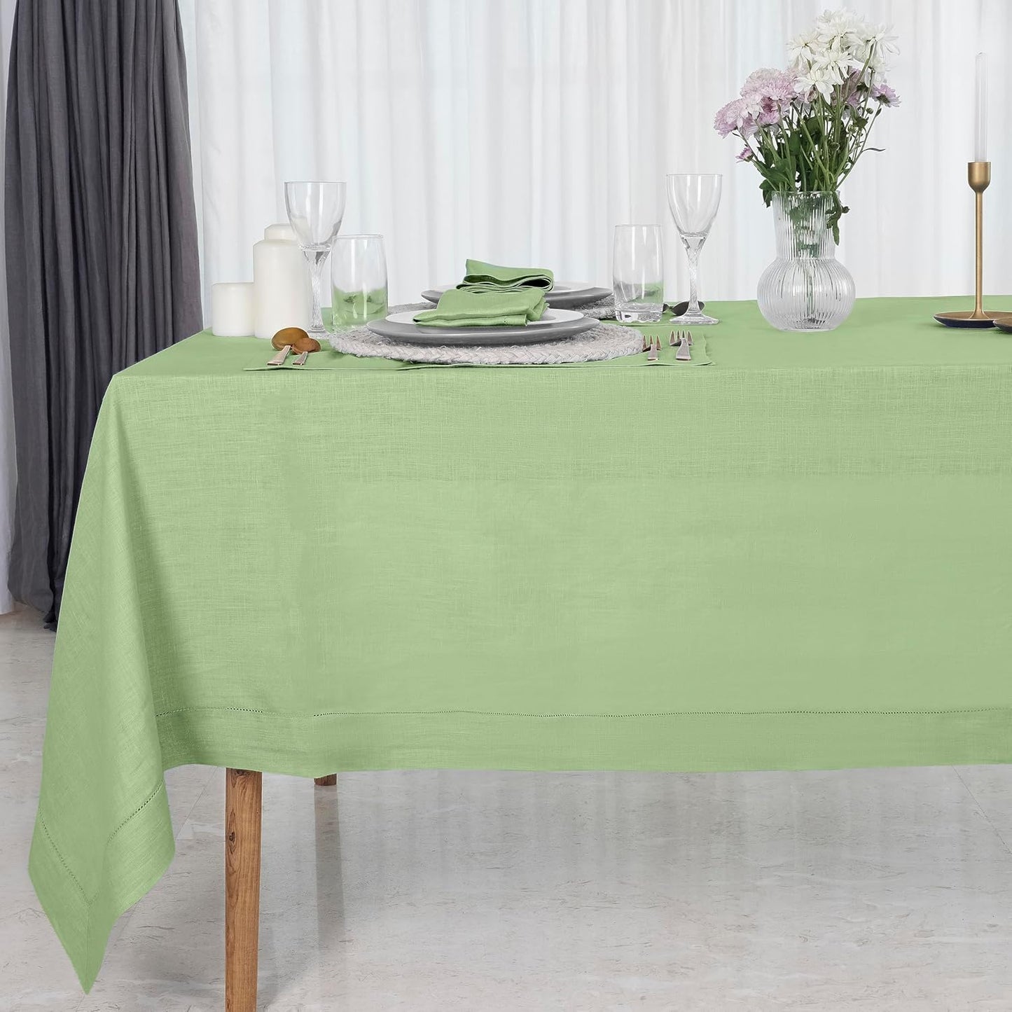 D'Moksha Homes Sage Green Linen Tablecloth for Rectangle Tables 60 x 144 Inch - 100% Pure Linen Green Table Cloth - Classic Hemstitch, Machine Washable Dining Tablecloth for Fall, Autumn and Halloween