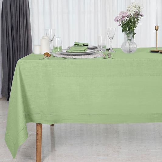 D'Moksha Homes Sage Green Linen Tablecloth for Rectangle Tables 60 x 144 Inch - 100% Pure Linen Green Table Cloth - Classic Hemstitch, Machine Washable Dining Tablecloth for Fall, Autumn and Halloween