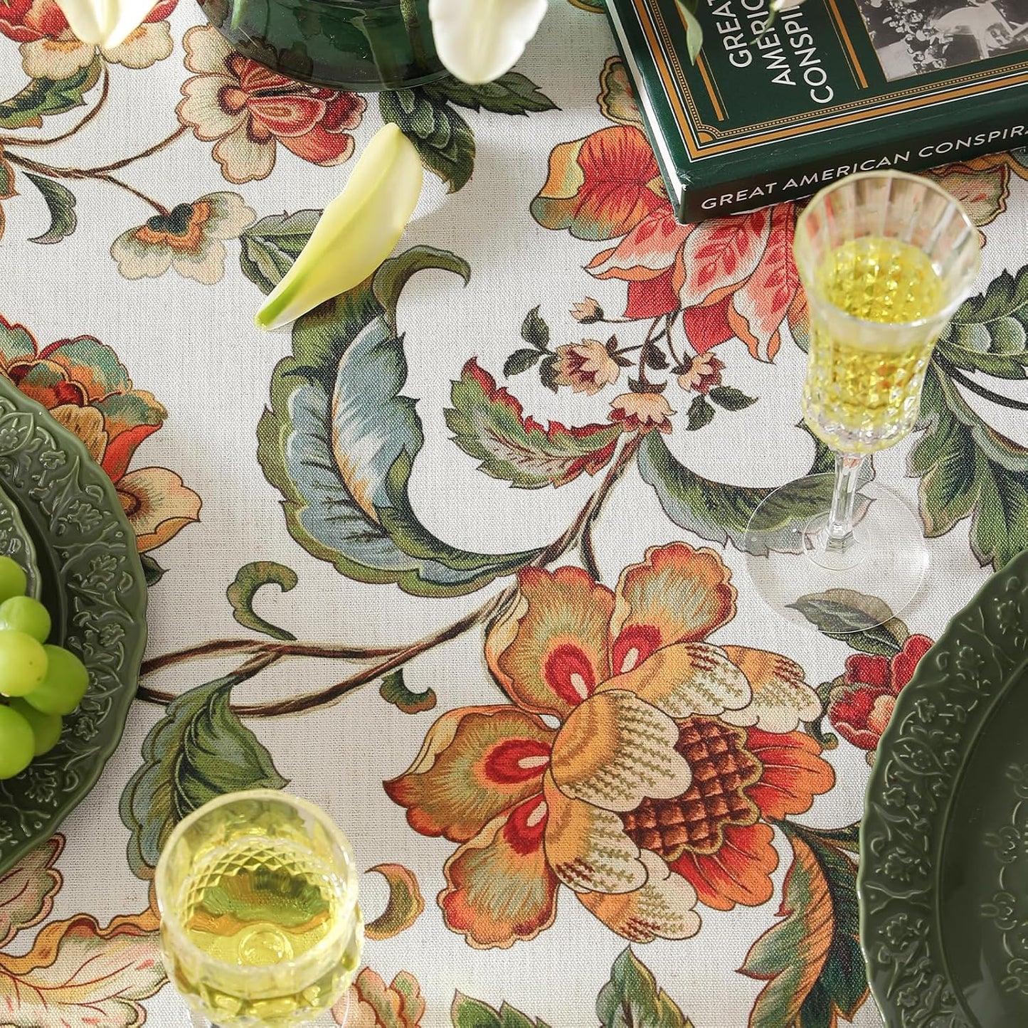 patdrea Designer Vintage Linen Rectangular Tablecloth,Provencal Rustic Floral Pattern Tablecloths,Decorative Table Cover Cloth for Kitchen,Dining,Tea Party,Home,Christmas,55"*79"