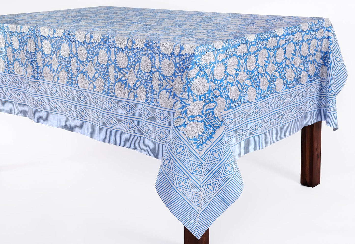 ATOSII Azora Blue 100% Cotton Rectangle Fall Tablecloth, Handblock Floral Print Linen Table Cloth for Kitchen Dining I Parties, Outdoors, Christmas, Thanksgiving I 72 X 108 Inches I 8 Seater