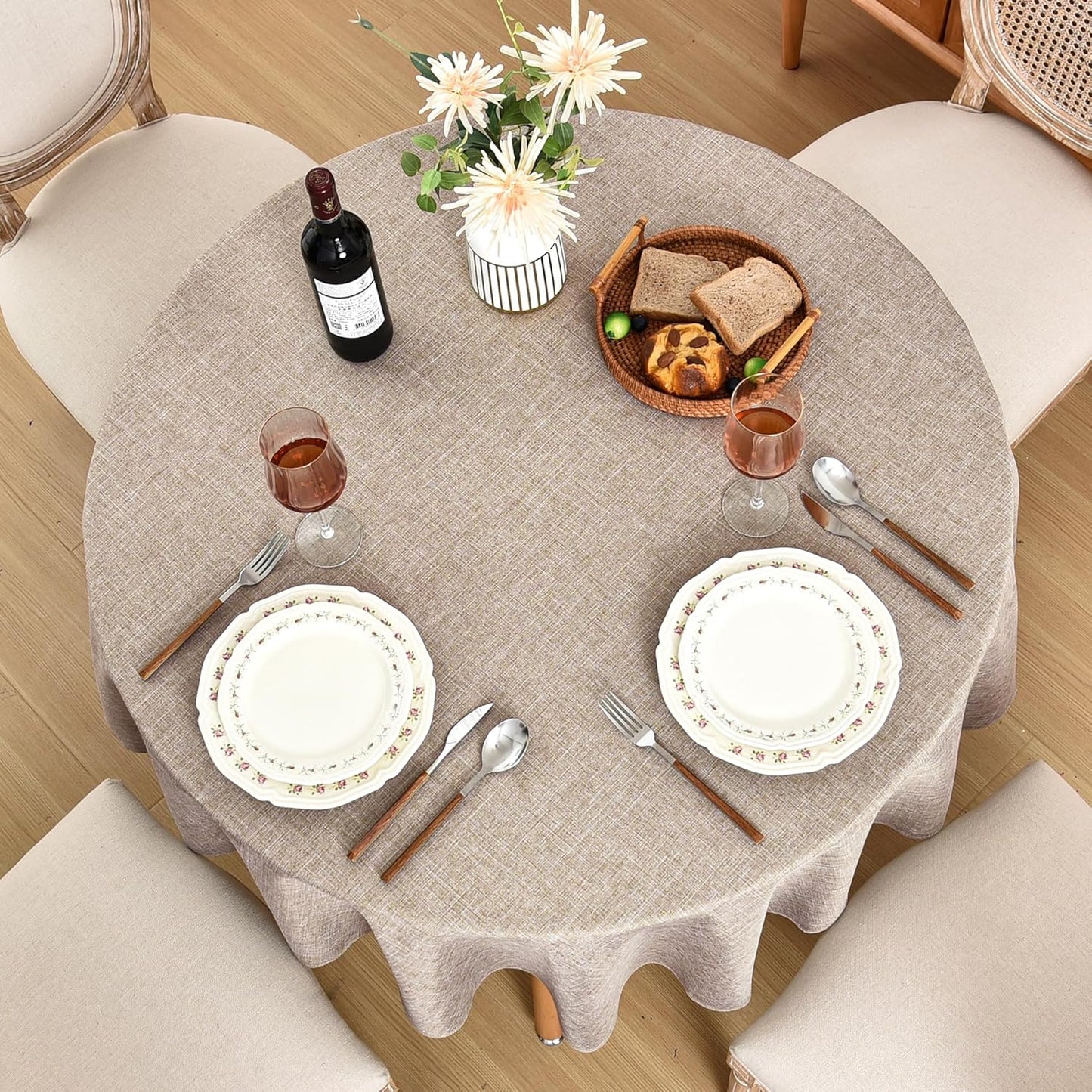 Fitable Faux Linen Round Tablecloths 60 Inches - 2 Pack Neutral Table Clothes Faux Burlap Table Covers for Kitchen, Dining, Party, Farmhouse, Picnic (Great for 20"-48" Round Tables, Nature)