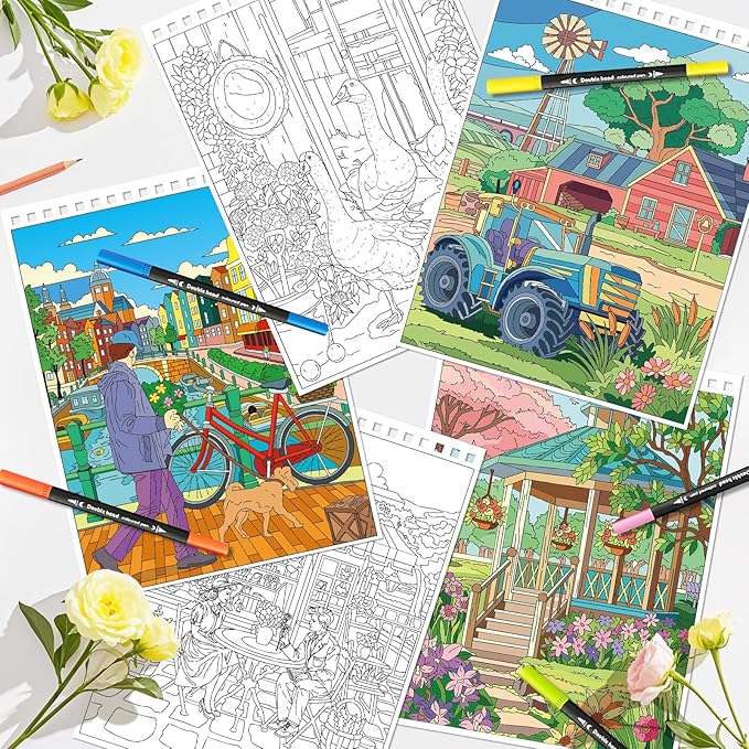 Kalysky Country Farm Adult Coloring Book Set - 3 Coloring Books for Adults Relaxation, Country Gardens, Farm & City Sights Themes | Stress Relief Coloring Book for Women