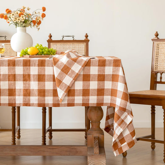 Linen World Gingham Tablecloth – Buffalo Plaid Linen Tablecloth 90" x 60" Inch,100% French Flax Table Cloth for Dining Table,Weddings,Thanksgiving & Christmas Decor,Rust Checkered