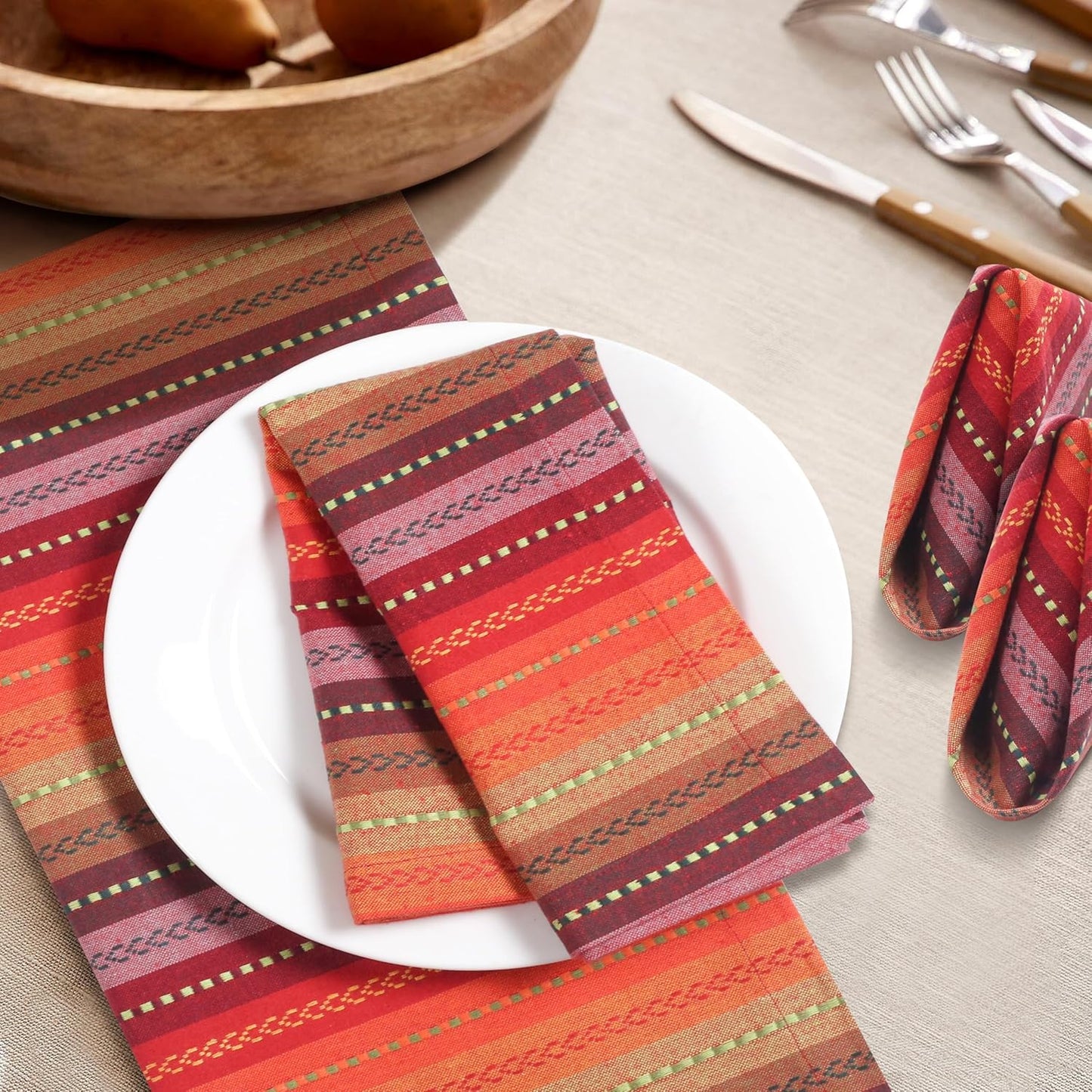 Homidate Cotton Cloth Dinner Napkins Set of 12 – 18x18 Salsa Red Multi Stripes – Reusable Machine Washable Fabric Napkins for Weddings, Events, Restaurants & Daily Dining