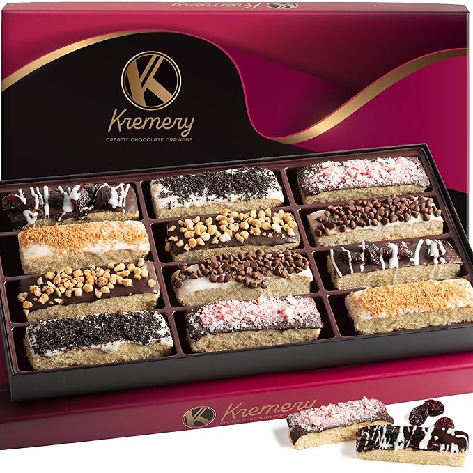 KREMERY Creamy Chocolate Cravings - Halloween Treats For Adults Chocolate Covered Biscotti Cookies Gift Basket, in Elegant Gift Box (12 Biscotties, Assorted Sweet Toppings) Holiday Xmas Christmas