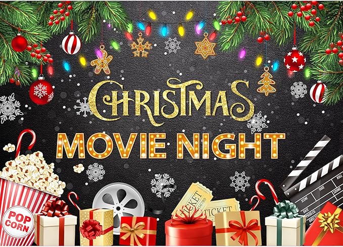 Homewelle Christmas Movie Night Party Backdrop 7Wx5H Feet Polyester Fabric Winter Merry Xmas Presents Holiday Snowflake Decoration Festival Photo Supplies Photography Background Photo Shoot Props
