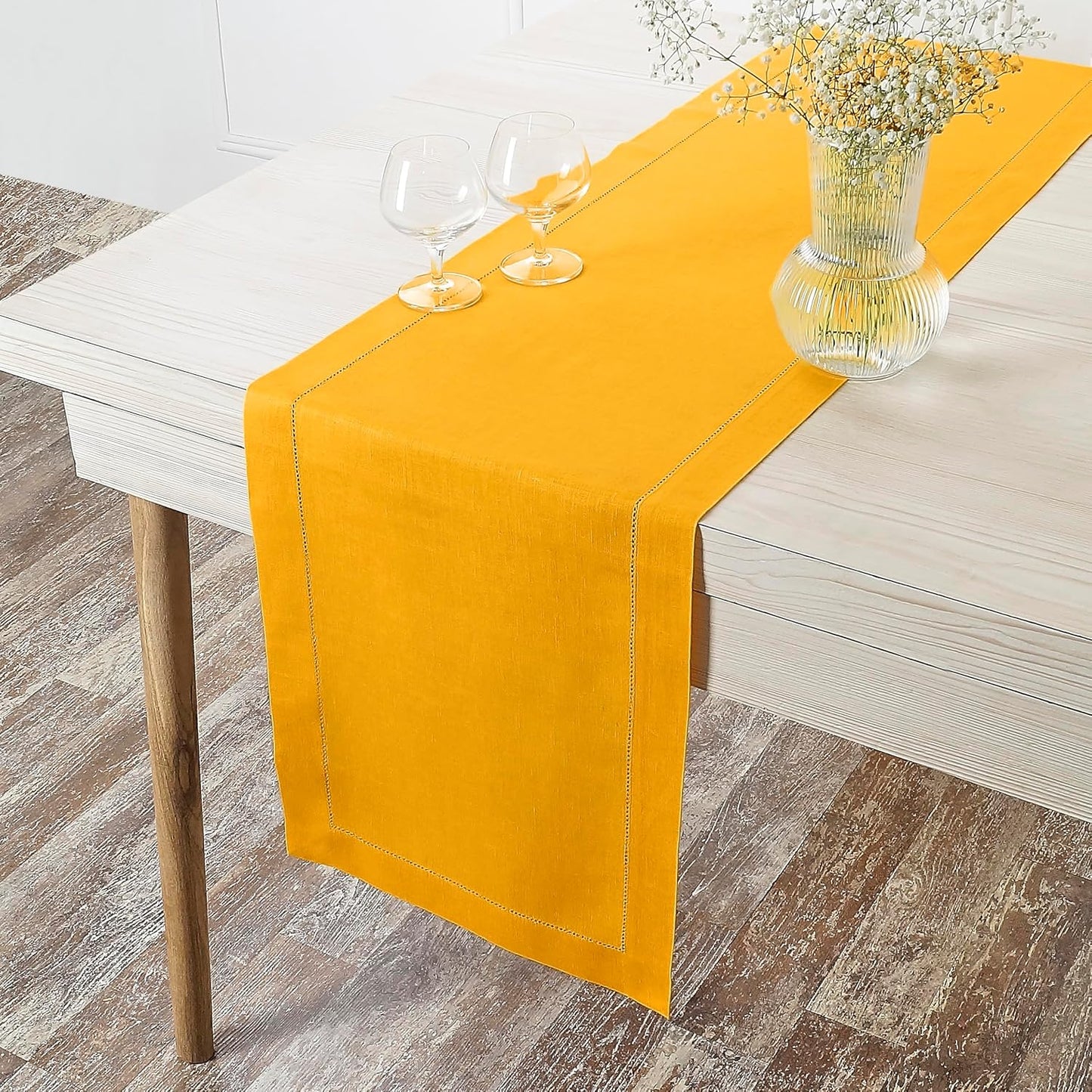 D'Moksha Homes Linen Sunflower Yellow Table Runner 72 Inches Long - 100% Pure Linen Hemstitch Table Runner 14 x 72 Inch for Dresser, Dining, Fall, Autumn and Halloween - Classic Hemstitch