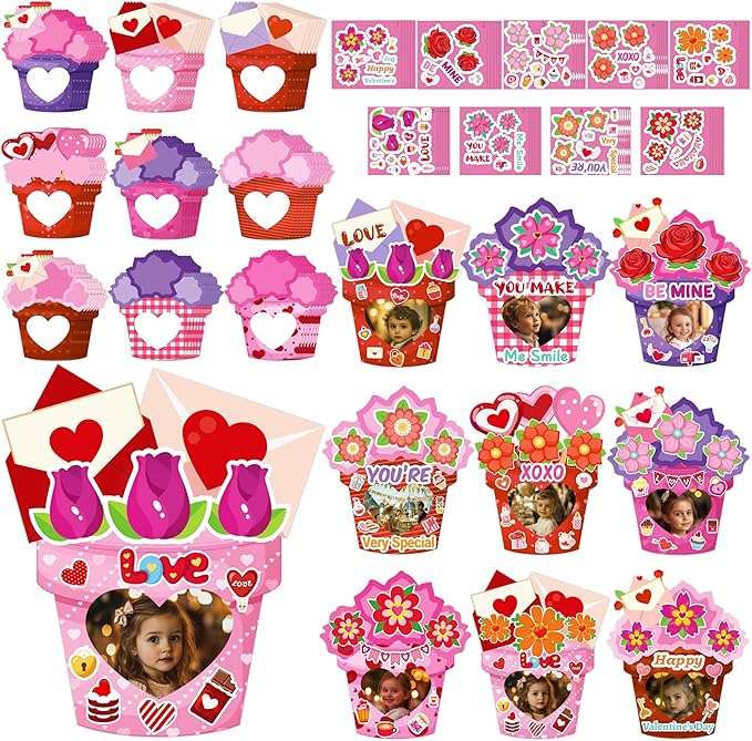 54Pack Valentines Day Craft for Kids – Valentine DIY Picture Frame Art Kit, Valentine's Photo Crafts Kits for Classroom Activities and Party Games