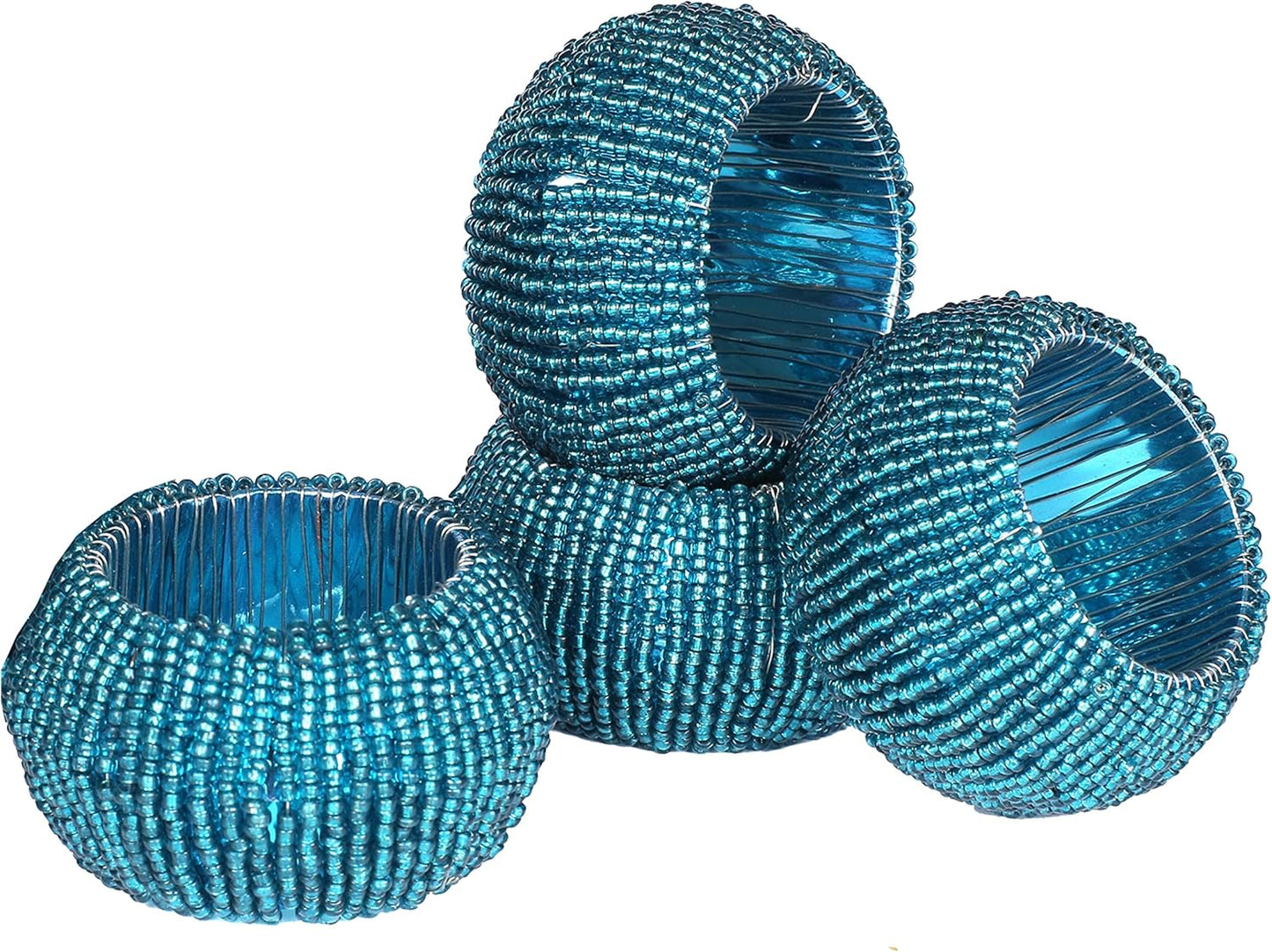 Goroly Home Beaded Napkin Rings Set of 4, Hand Made Round Beaded Napkin Rings for Christmas Thanksgiving Dinner Table Decor, Teal