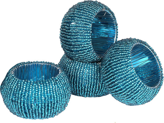 Goroly Home Beaded Napkin Rings Set of 4, Hand Made Round Beaded Napkin Rings for Christmas Thanksgiving Dinner Table Decor, Teal