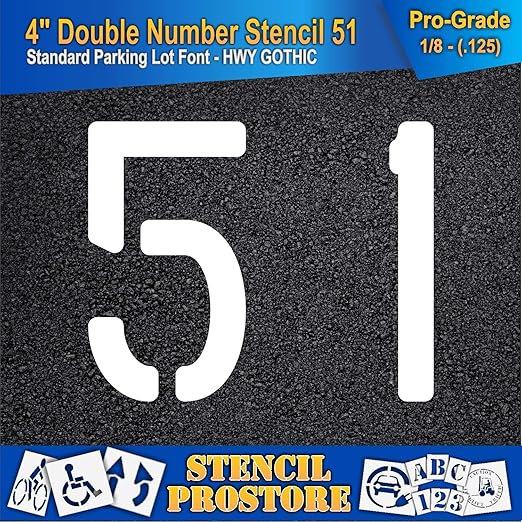 Pavement, Curb, and WheelStop Stencils - 4 inch Double Number Stencil - (51) - 4" x 4" x 1/8" (128 mil) - Pro-Grade