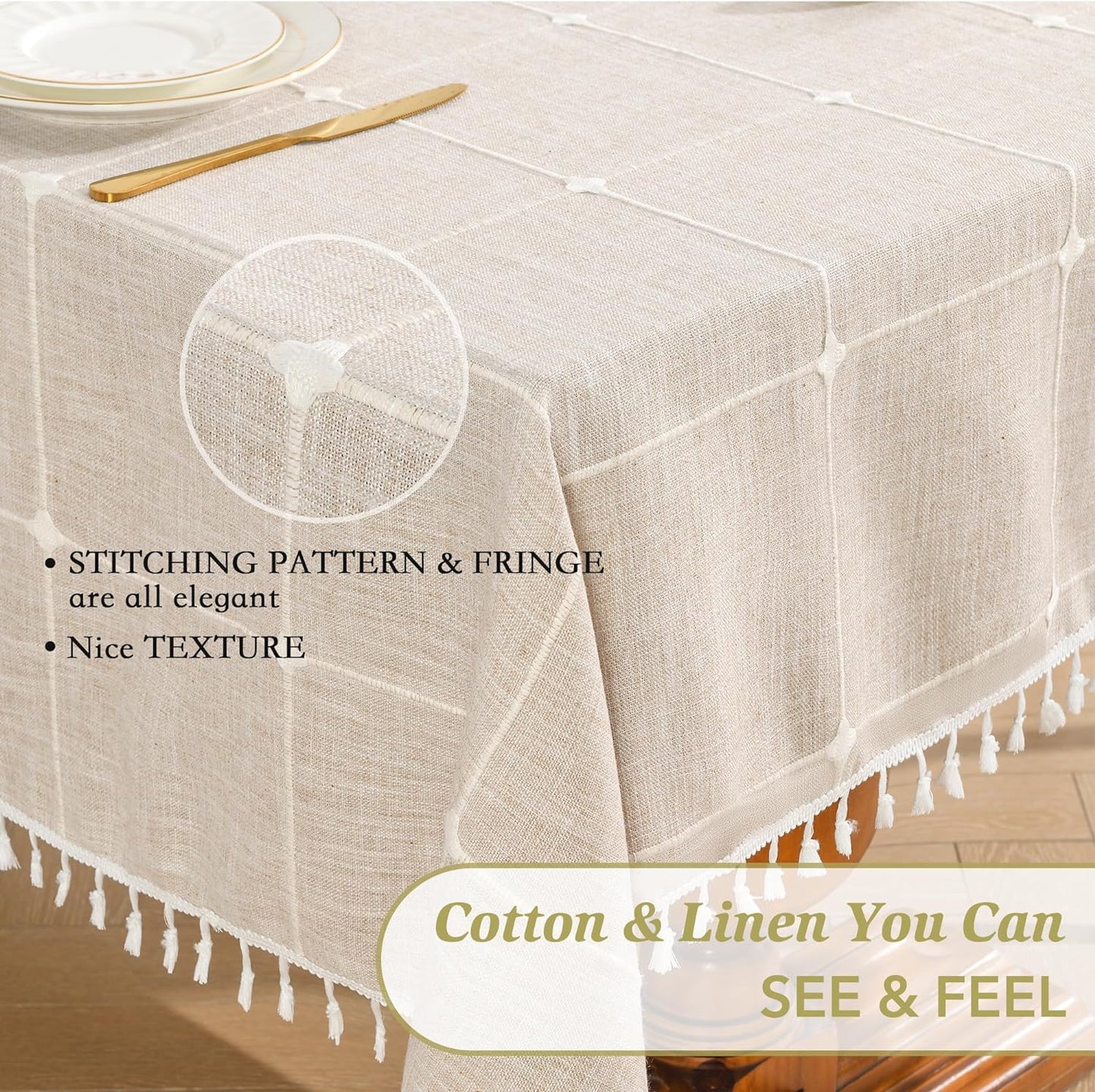 Oubonun Cotton Linen Square Tablecloth - Wrinkle Resistant & Waterproof - Machine Washable Table Cloth with Tassels for Kitchen & Dining, 55''x55'', 4 Seats