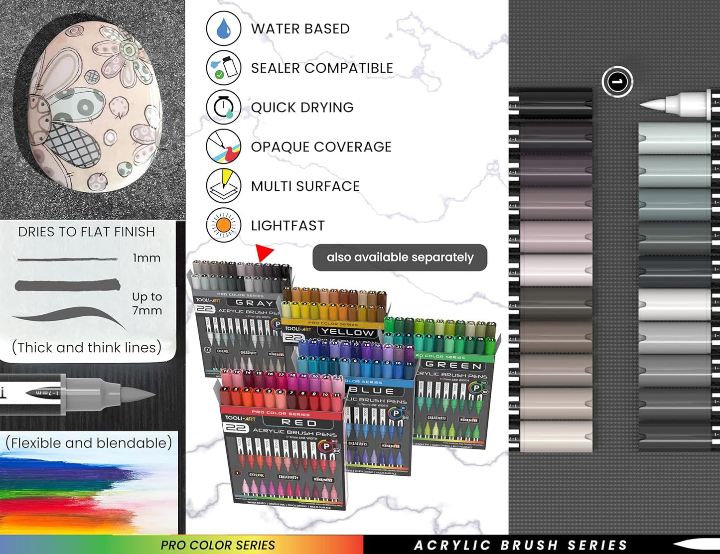 22 Flexible Brush Tip Acrylic Paint Pens Markers Set 1-7mm Line for Rock Painting, Brush Lettering, Glass, Mugs, Wood, Metal, Canvas, Fabric, Plastic. Non Toxic Waterbased Quick Drying Assorted Gray