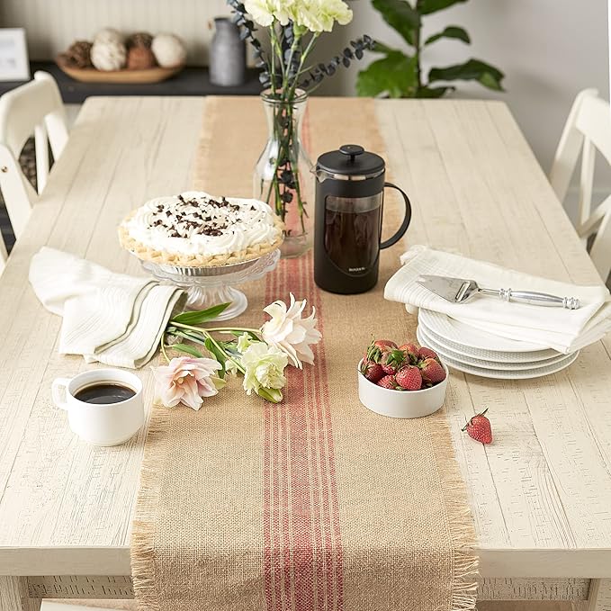 DII Jute Burlap Collection Kitchen Tabletop, Table Runner, 14x108, Middle Stripe Barn Red